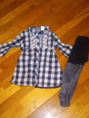 girl 3t long sleeve plaid dress with shimmer and tights
